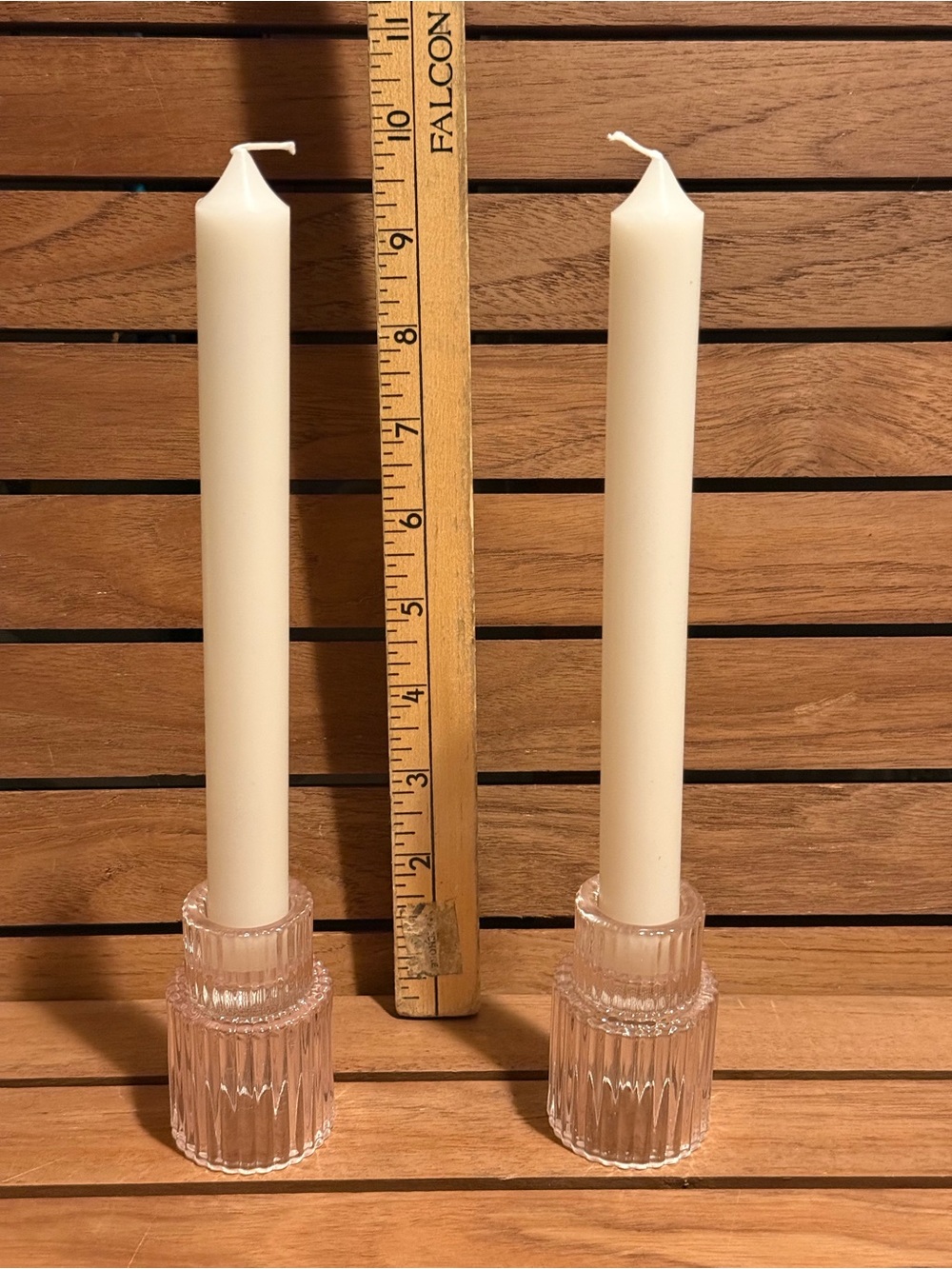 Pair of Clear/pink Ribbed Glass Candle Holders with Ivory Taper Candles